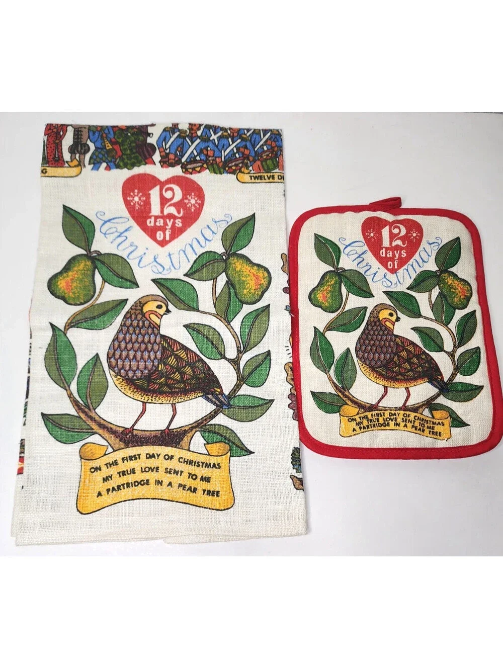 Vintage Tea and Pot Holder Linen Partridge In A Pear Tree 12 Days of Christmas